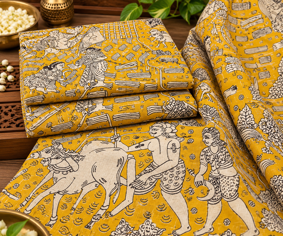 Mustard Village Life Folk Story Print Fabric
