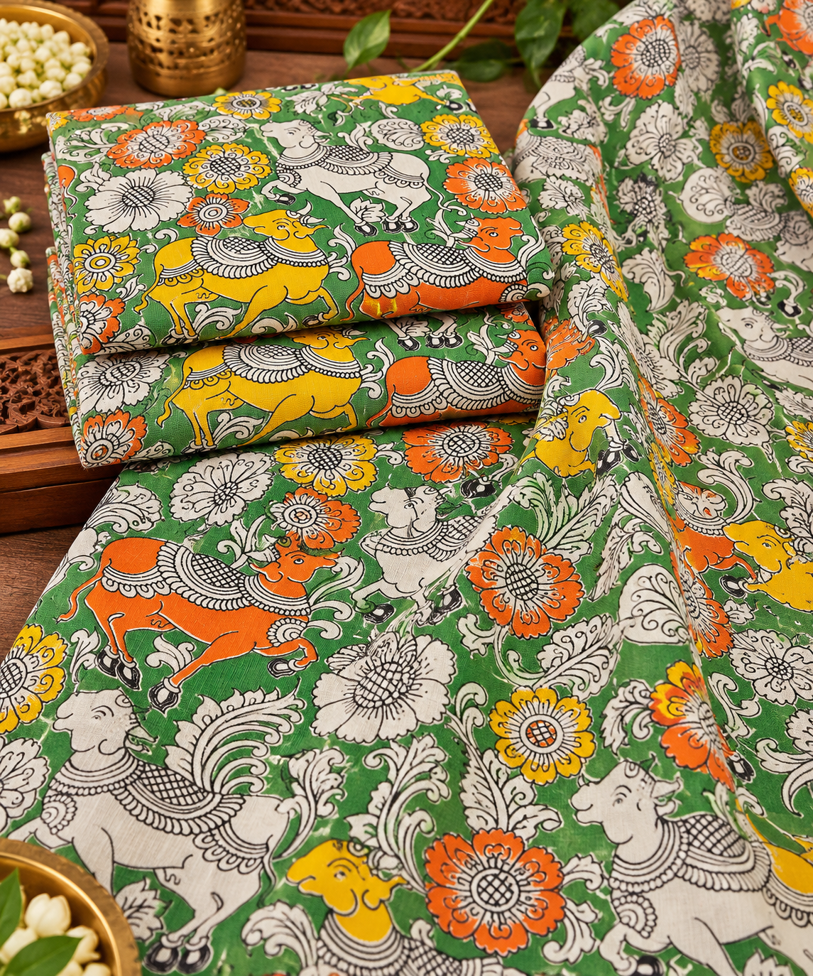 Green Nandi & Floral Kalamkari Print Fabric