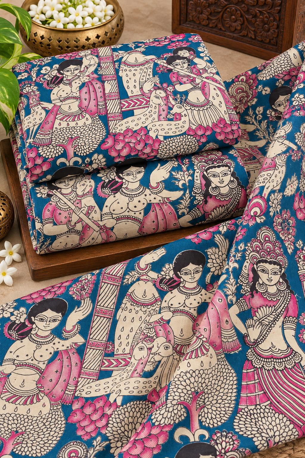 Teal Pink Folk Art Kalamkari Print Fabric