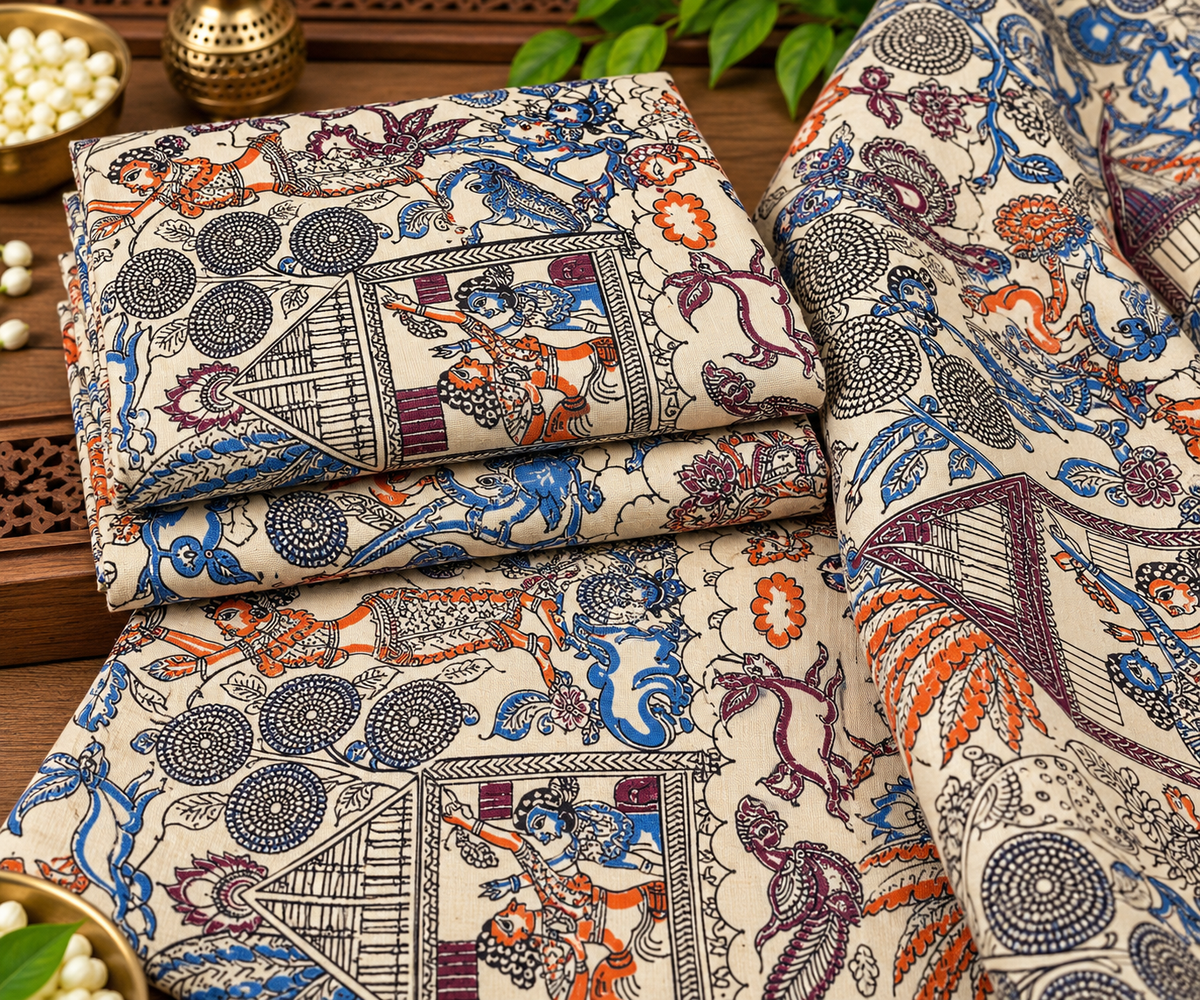 Ivory Heritage Story Kalamkari Print Fabric