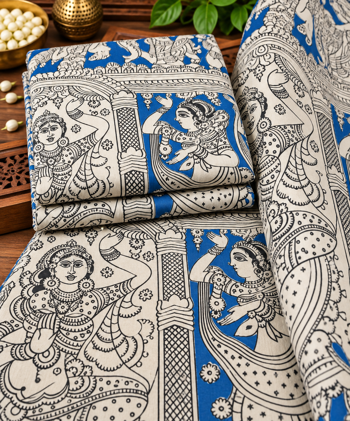 Blue Classical Dancer Kalamkari Print Fabric