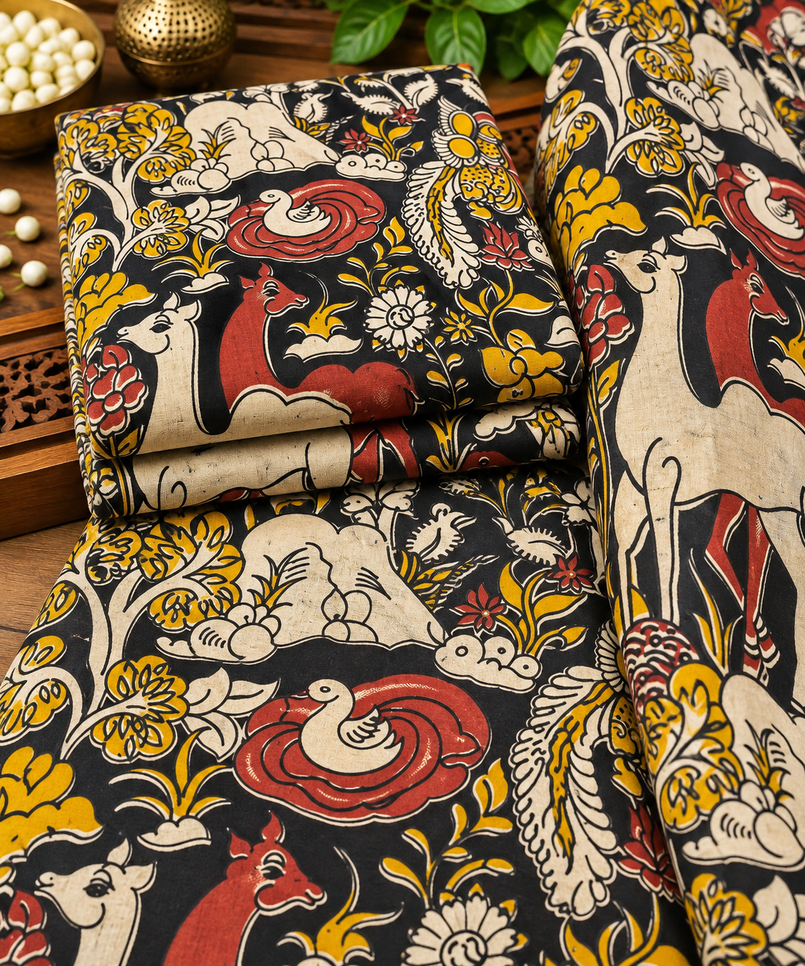 Black Mustard Animal Kalamkari Print Fabric