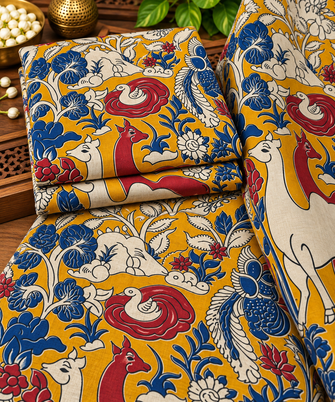 Mustard Animal & Bird Kalamkari Print Fabric