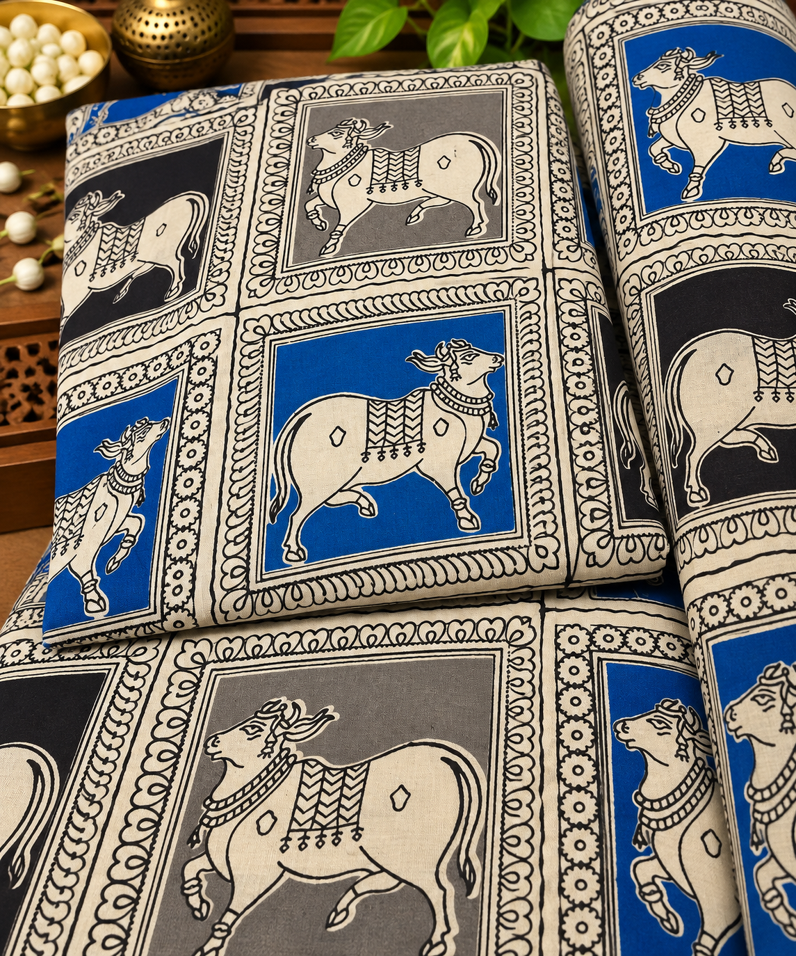 Blue Grey Nandi Kalamkari Panel Print Fabric