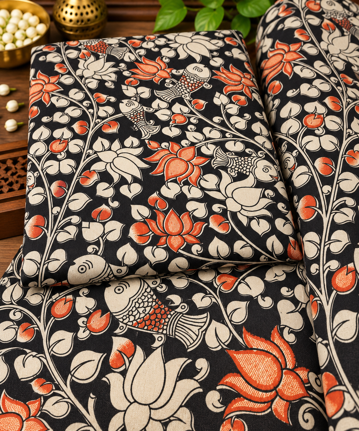 Black Orange Fish & Lotus Kalamkari Print Fabric