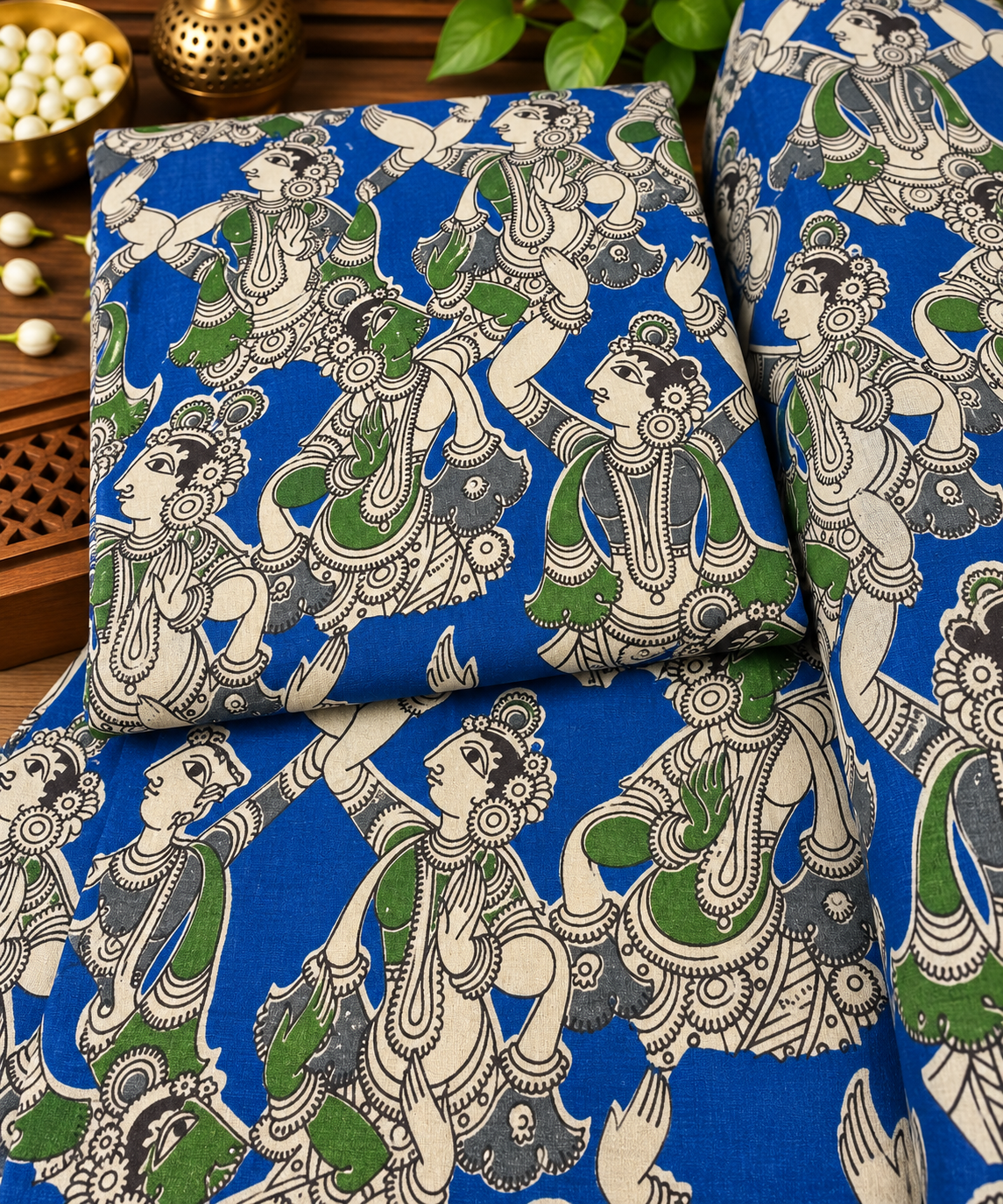 Royal Blue Green Dancer Kalamkari Print Fabric