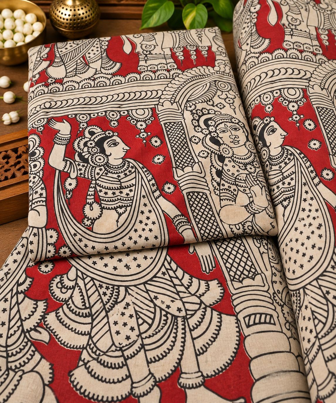 Red Classical Dancer Kalamkari Print Fabric