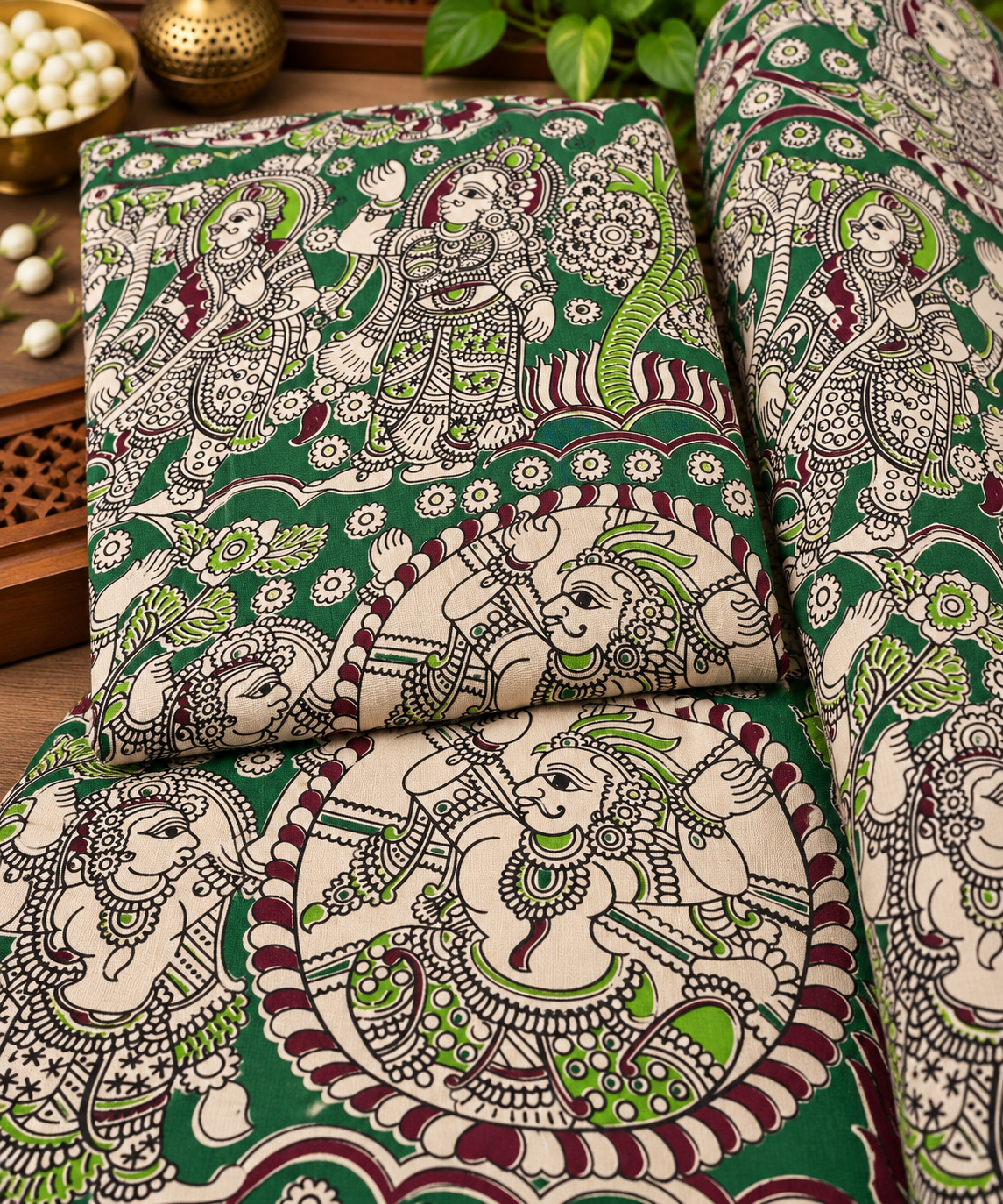 Green Ganesha Heritage Kalamkari Print Fabric