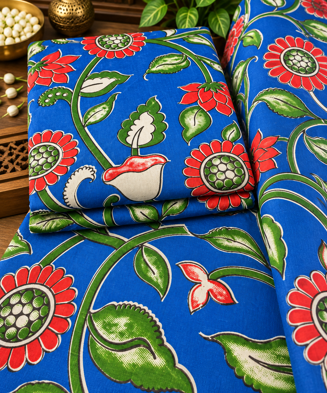 Royal Blue Floral Kalamkari Print Fabric