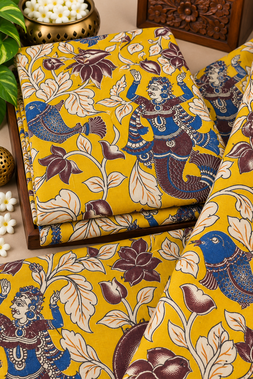 Mustard Folk Dancer & mermaid Kalamkari Print Fabric