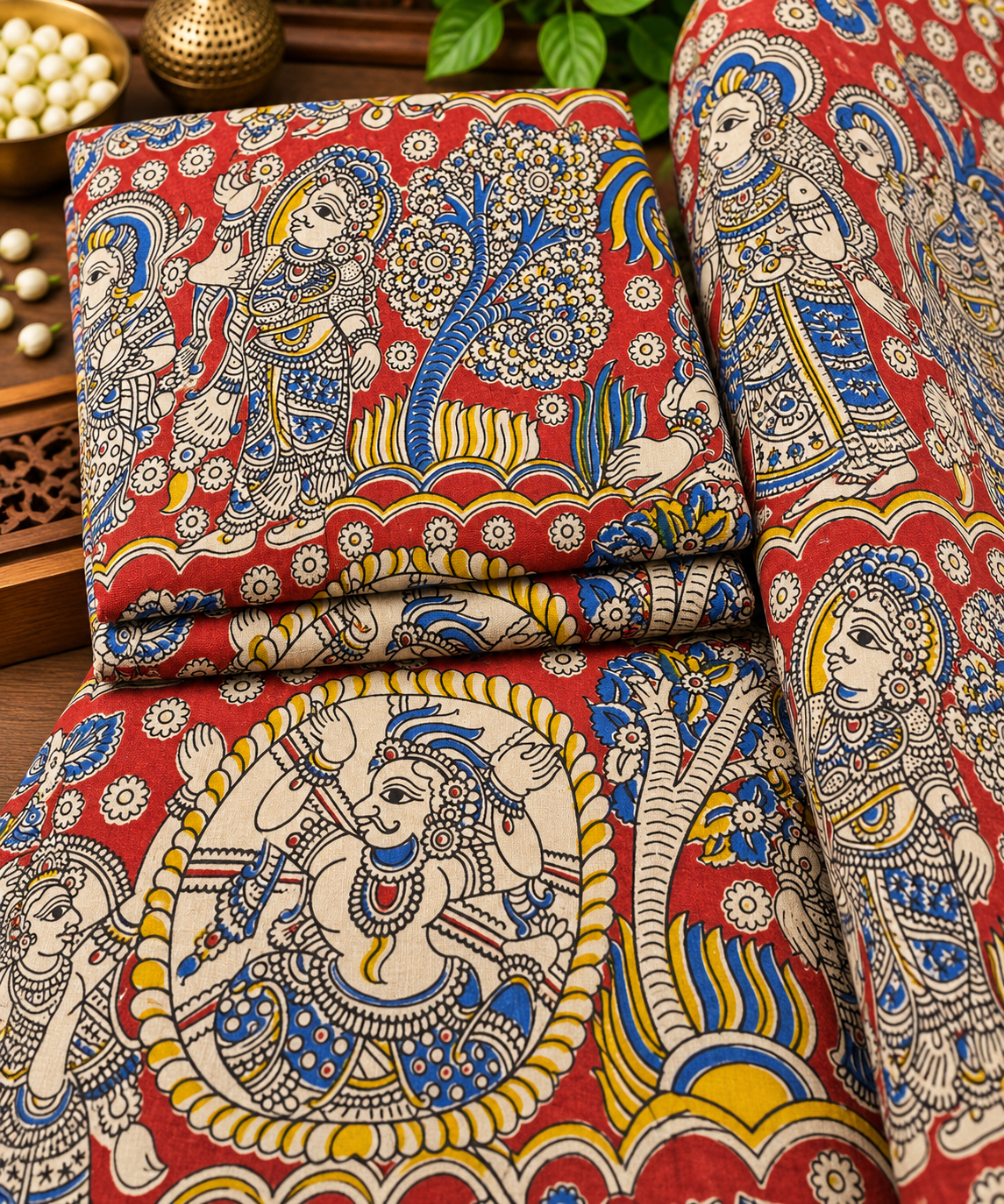 Red Heritage Ganesha Kalamkari Print Fabric