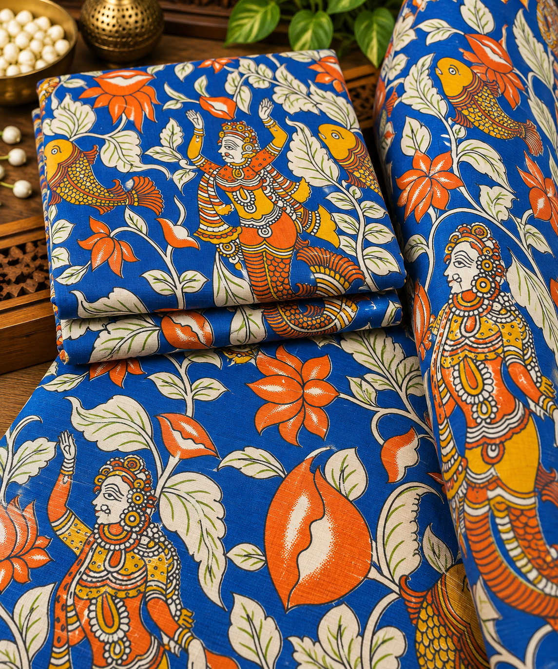 Royal Blue Folk Dancer & Bird Kalamkari Fabric