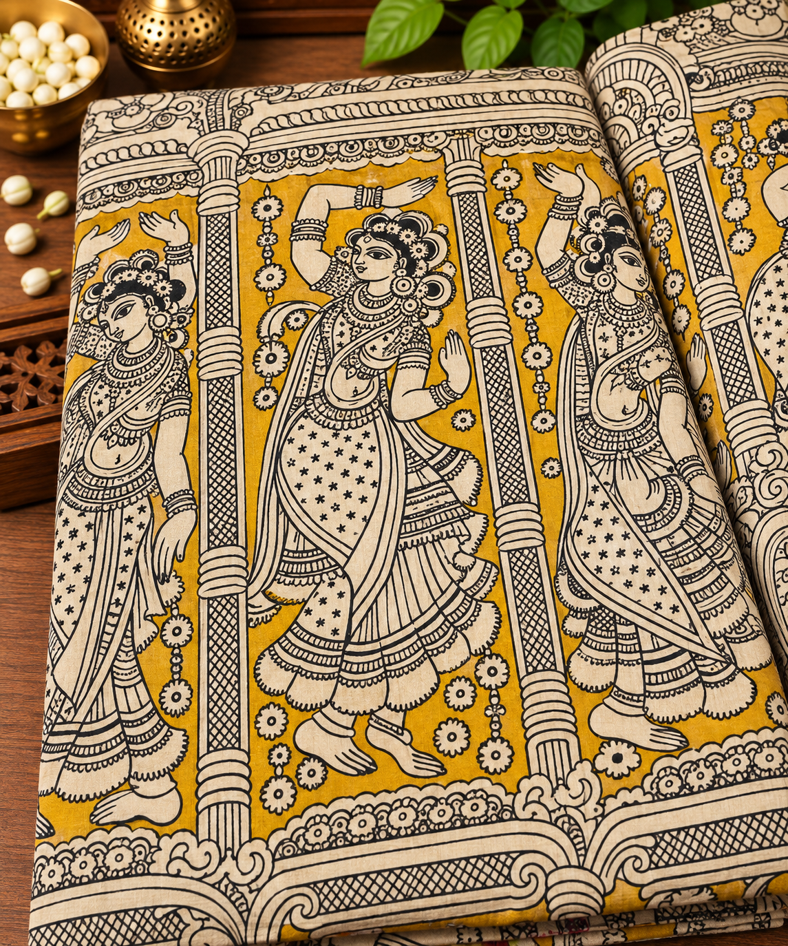 Mustard Classical Dancer Kalamkari Fabric