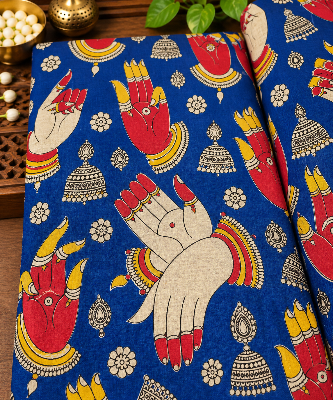 Royal Blue Hasta Mudra Jewelry Print Fabric