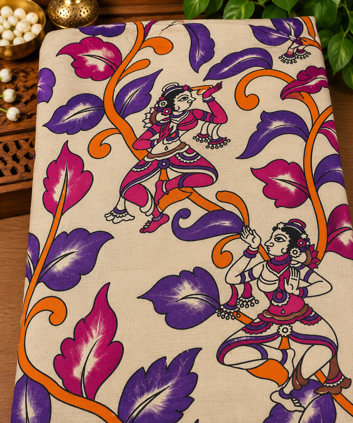 Beige Folk Dancer Floral Kalamkari Fabric