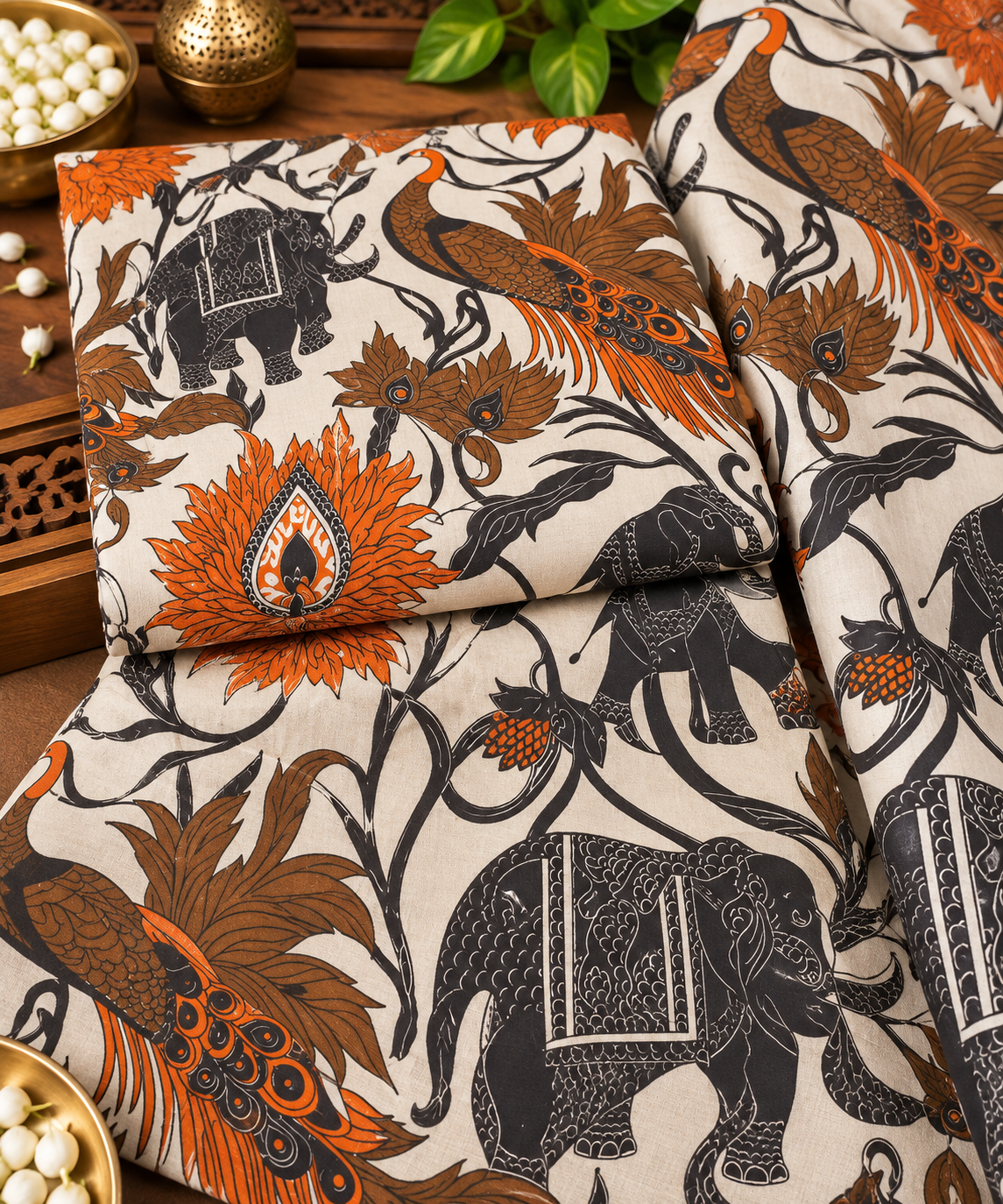 Ivory Elephant & Peacock Kalamkari Print Fabric