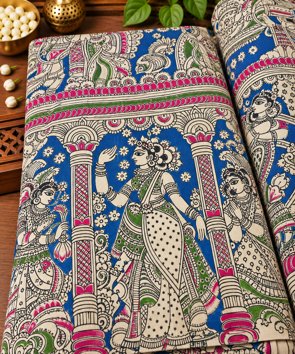 Royal Blue Heritage Lady Panel Kalamkari Fabric