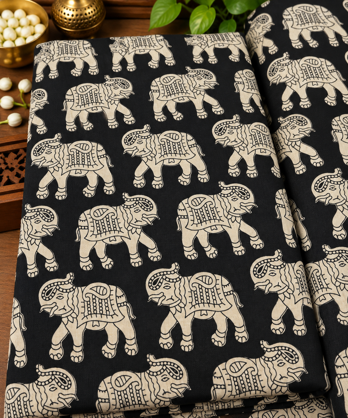 Black Elephant Kalamkari Print Fabric