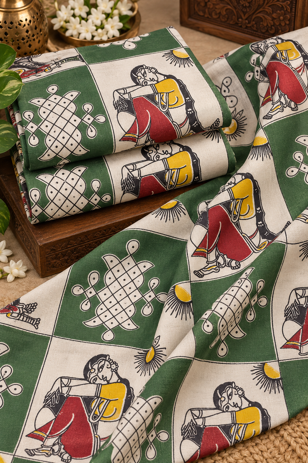 Green Traditional Woman Block Print Fabric