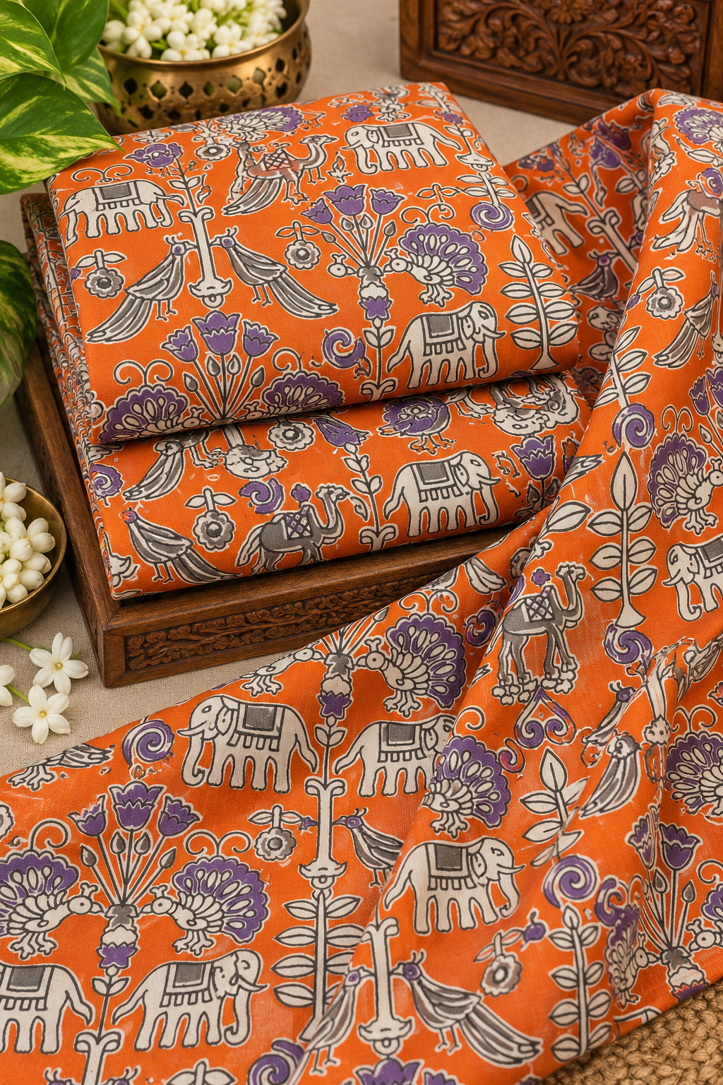 Orange Purple Folk Kalamkari Fabric