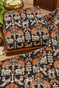 Charcoal Orange Folk Kalamkari Fabric