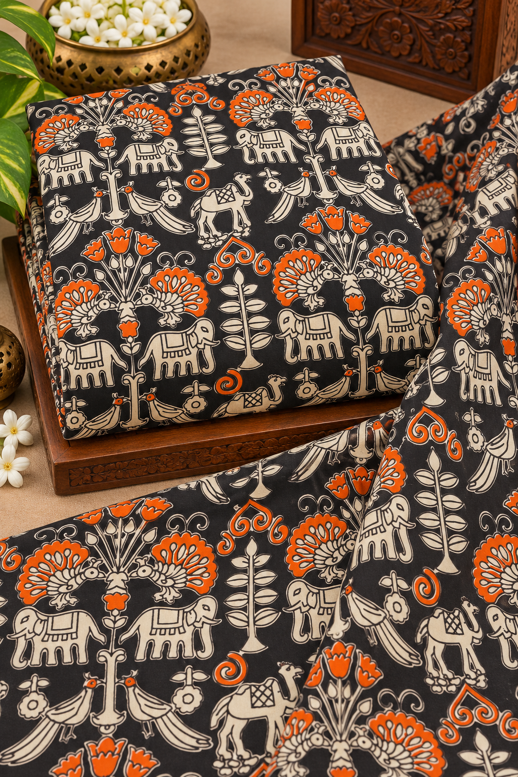 Charcoal Orange Folk Kalamkari Fabric