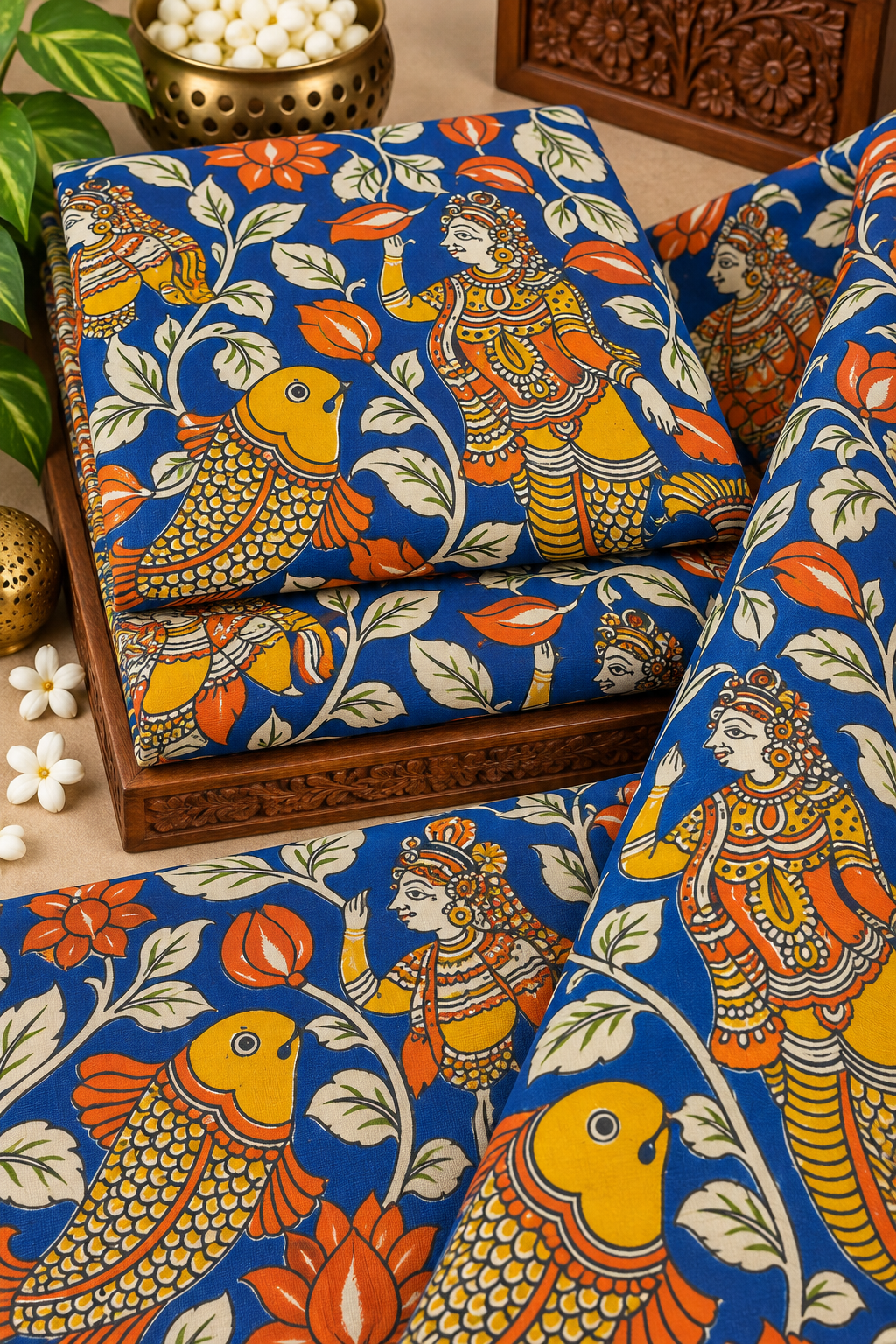 Royal Blue Folk Dancer Kalamkari Fabric