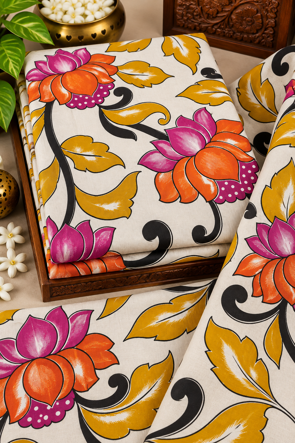 Ivory Multicolor Lotus Floral Print Fabric