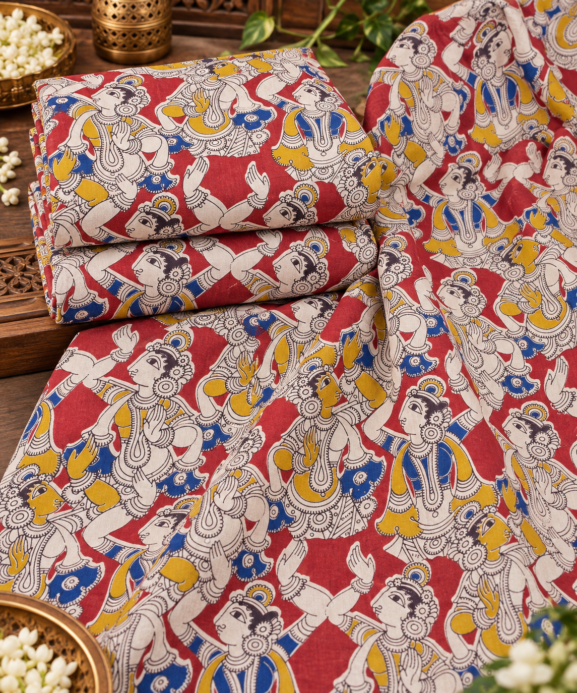 Red Kalamkari Dance Motif Print Fabric