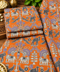 Orange Kalamkari Elephant & Peacock Print Fabric