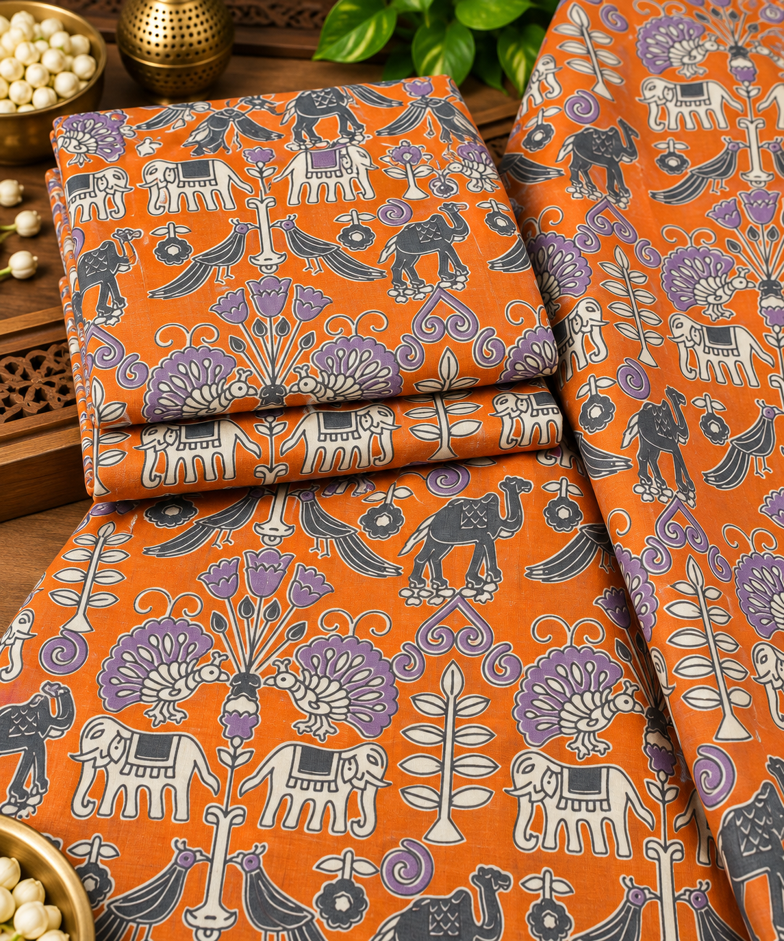 Orange Kalamkari Elephant & Peacock Print Fabric