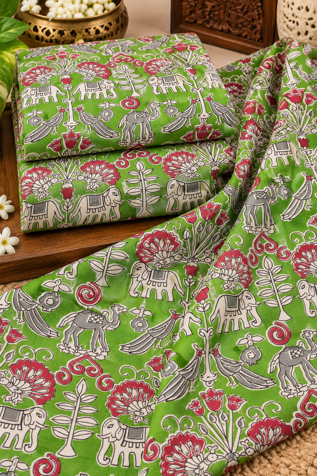 Parrot Green Folk Kalamkari Fabric