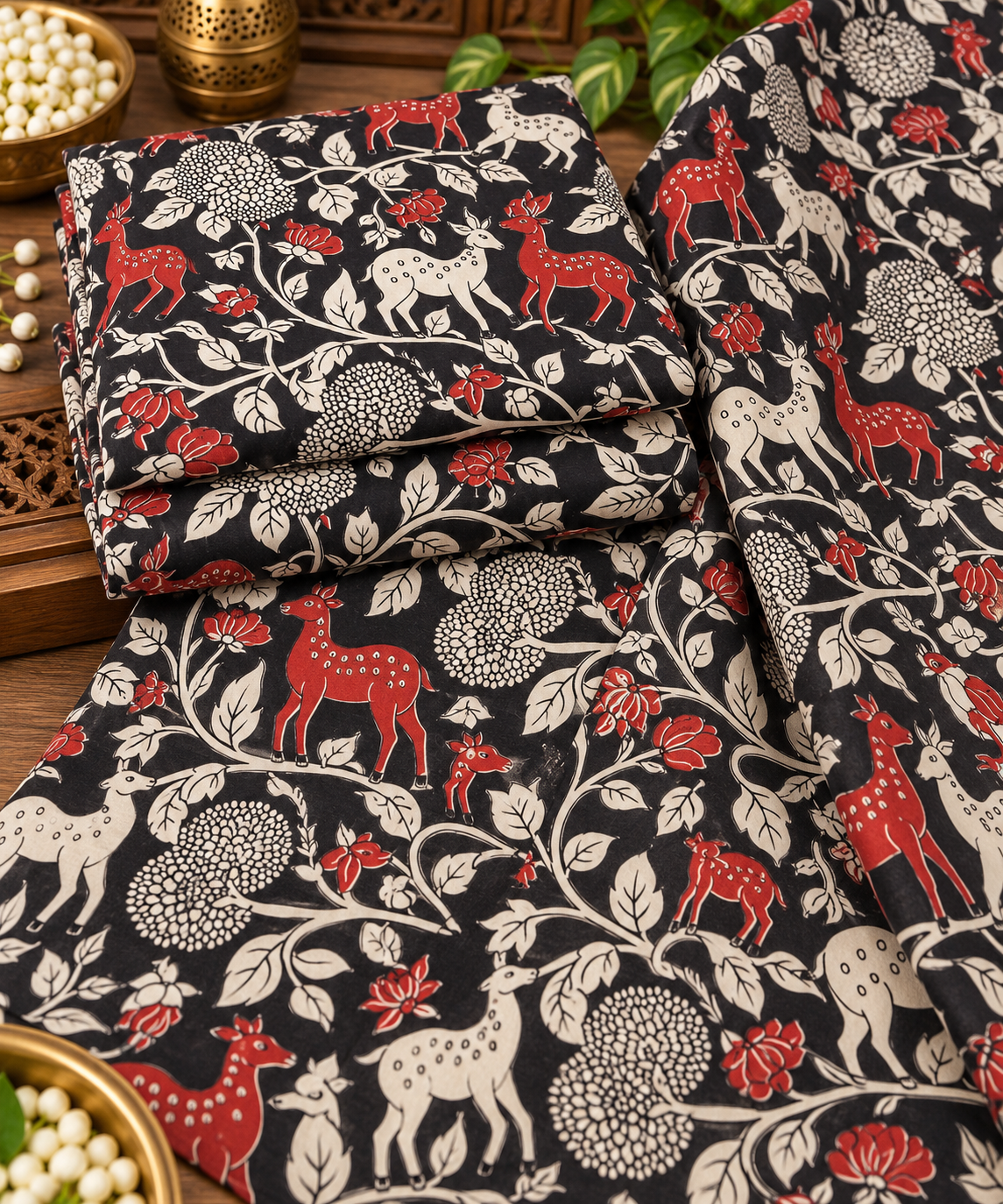 Black Deer & Floral Kalamkari Print Fabric