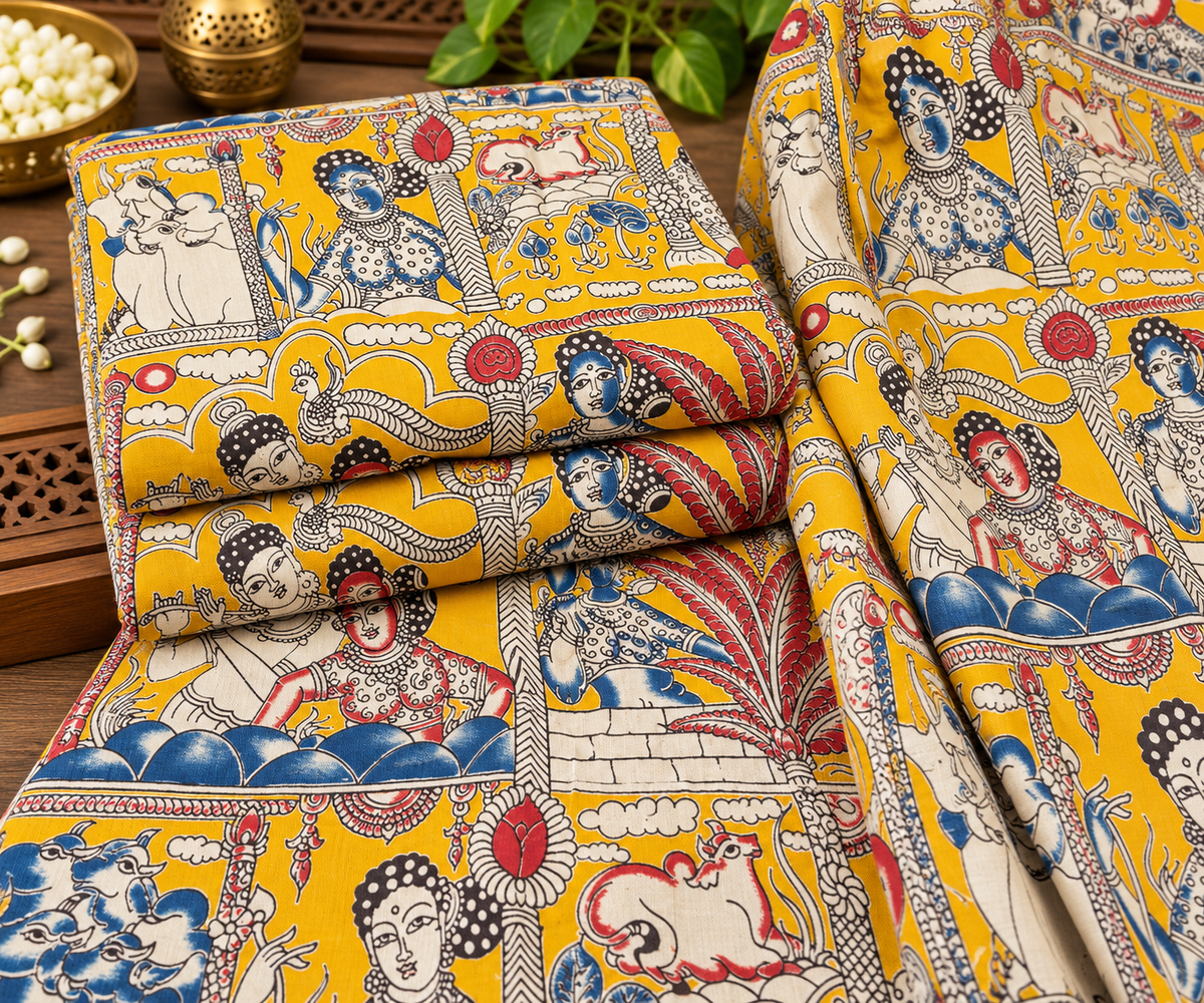 Mustard Heritage Story Kalamkari Print Fabric