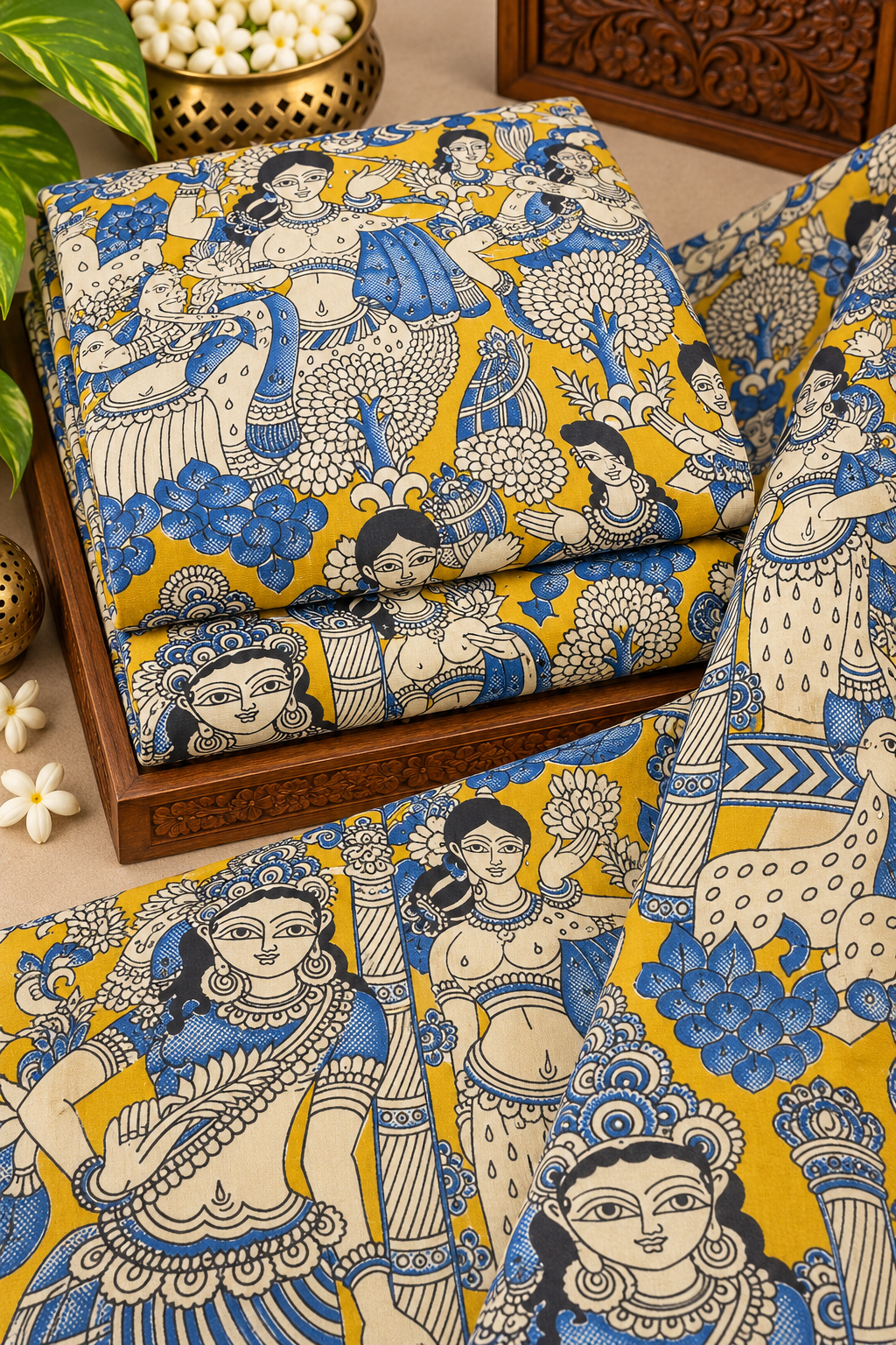 Mustard & Blue Folk Dancer Kalamkari Print Fabric