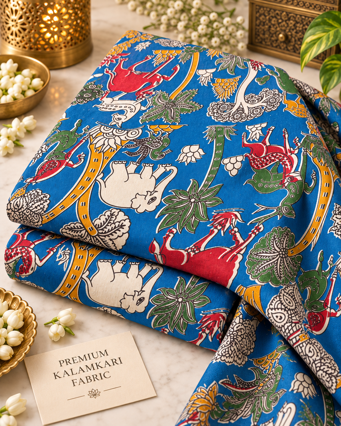 Folk Heritage Blue elephant Kalamkari print Fabric