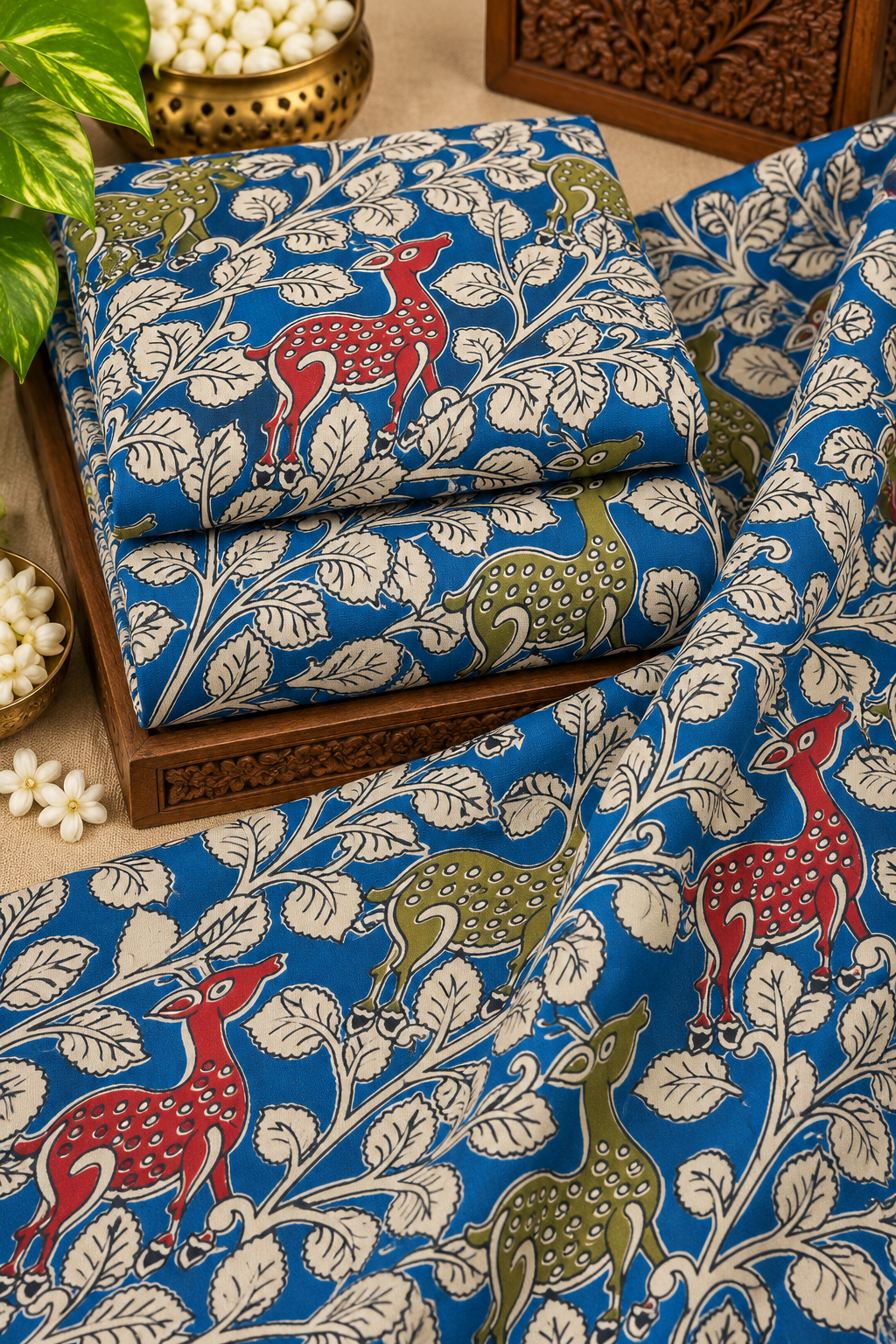 Blue Deer & Vine Kalamkari Print Fabric