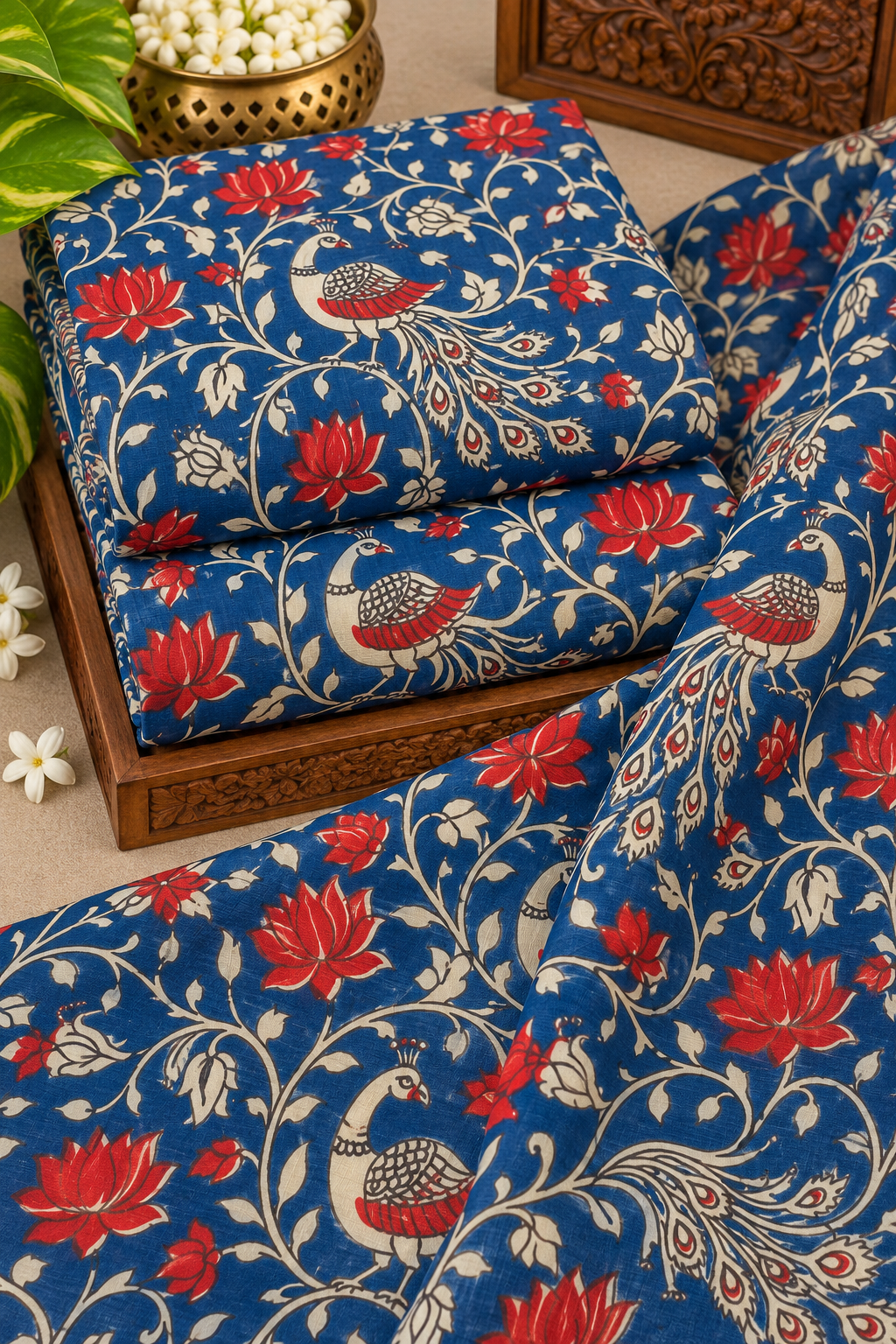 Blue Lotus Peacock Kalamkari Print Fabric