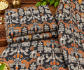 Charcoal Kalamkari Elephant & Peacock Print Fabric