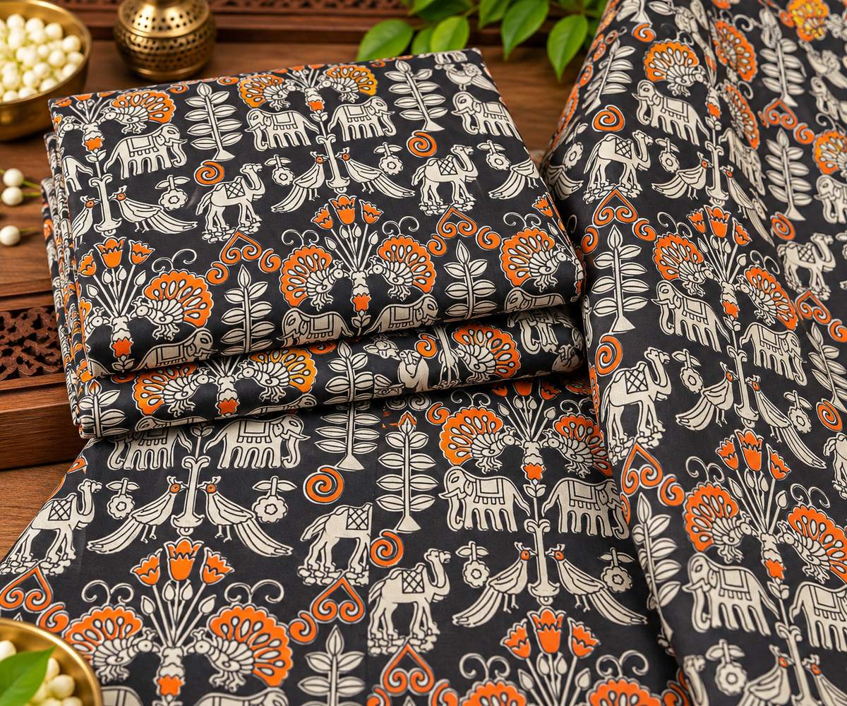 Charcoal Kalamkari Elephant & Peacock Print Fabric