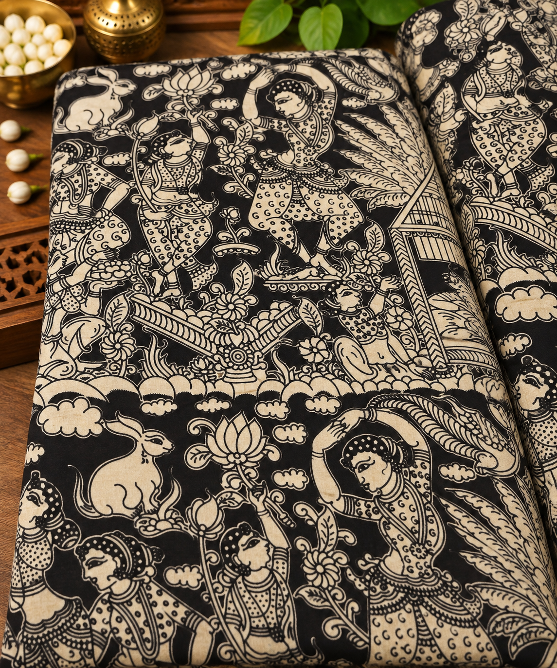 Black Folk Story Kalamkari Fabric