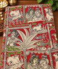 Red Village Story Kalamkari Panel Fabric