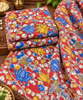 Red Bird & Lotus Kalamkari Floral Print Fabric