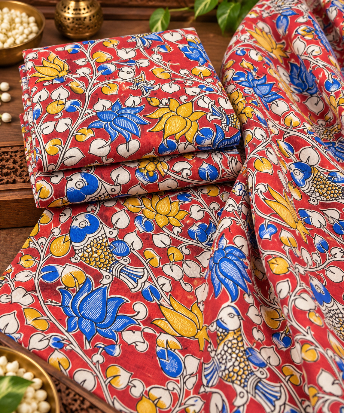 Red Bird & Lotus Kalamkari Floral Print Fabric