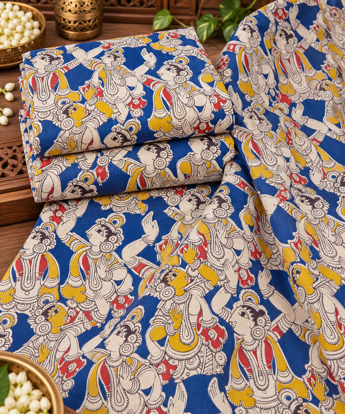 Royal Blue Traditional Figurative Kalamkari Print Fabric
