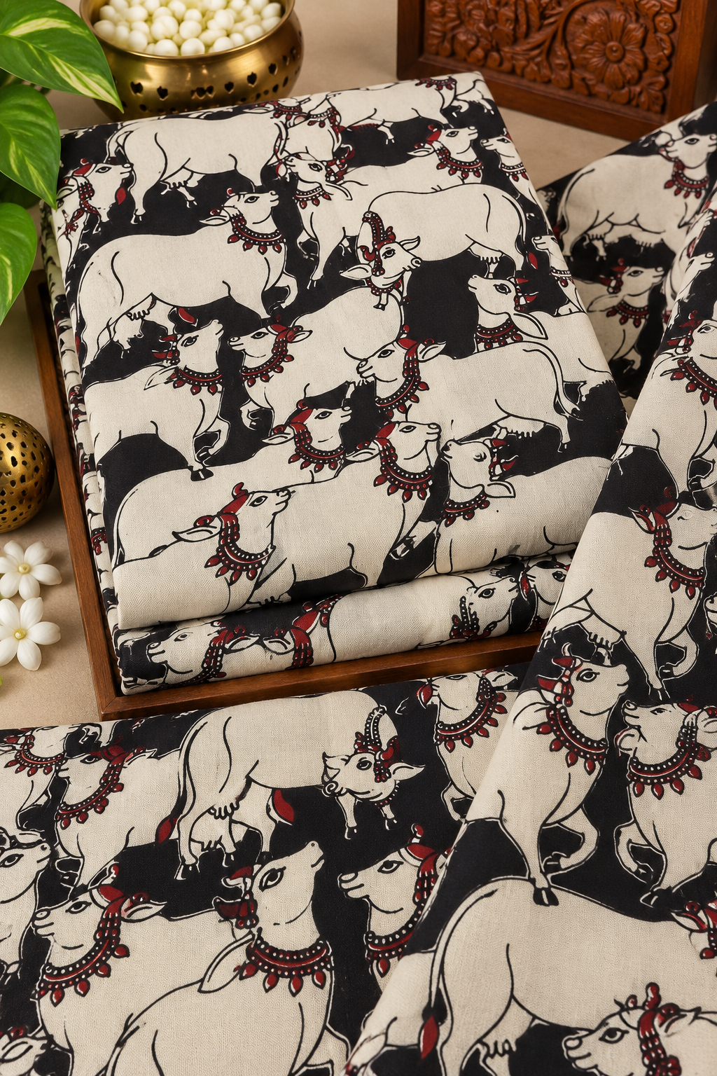 Black & Ivory Cow Motif Ethnic Print Fabric