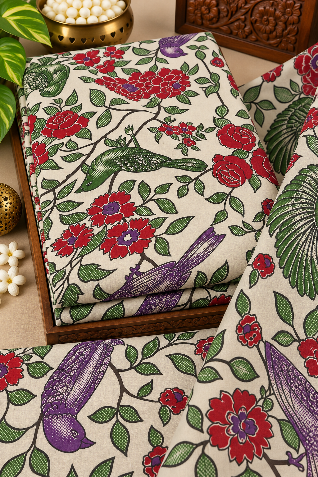 Ivory Peacock Floral Kalamkari Print Fabric