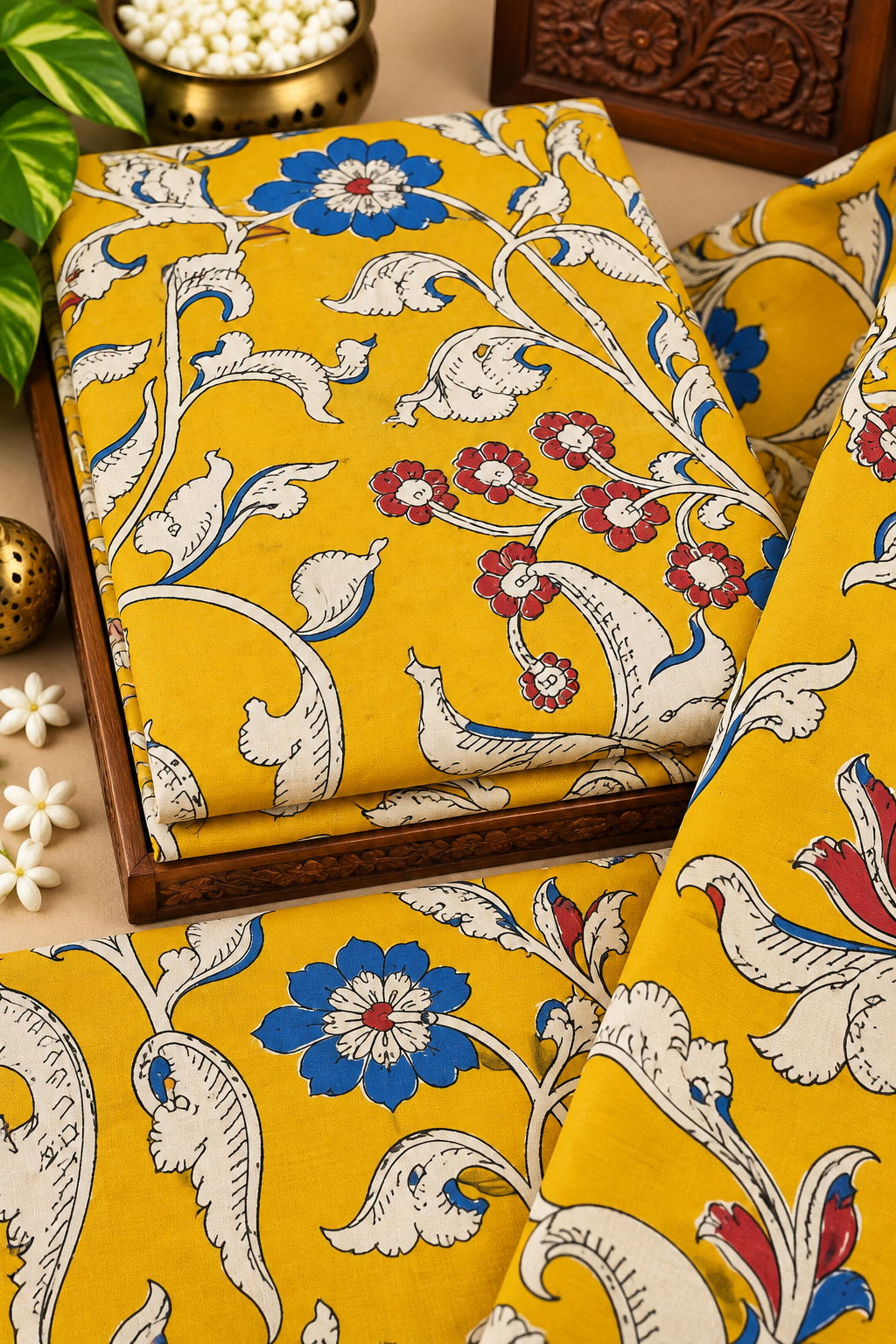 Mustard Floral Kalamkari Vine Print Fabric