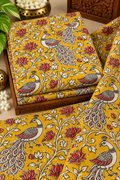Mustard Peacock Lotus Kalamkari Print Fabric