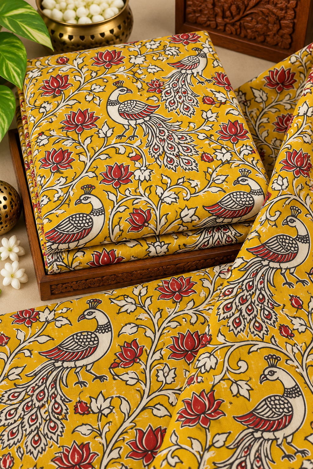 Mustard Peacock Lotus Kalamkari Print Fabric